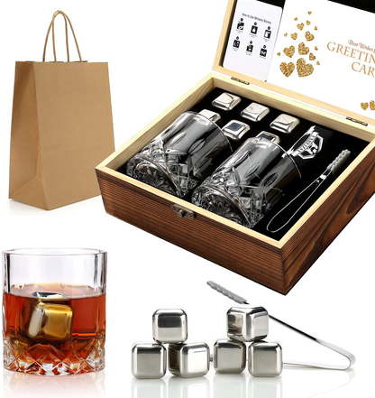 Skørter | Whisky Stone Gift Set - Whisky Glass Set of 2 - Stainless Steel Chilling Whisky Stones - Scotch Bourbon Whisky Glass Gift Box Set - Best Drinking Gift for Men Dad Husband Birthday Holiday Gift