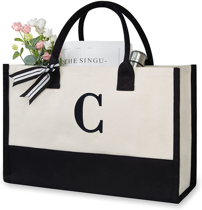 Skorter | Personal Initial Canvas Beach Bag, Monogram Gift Tote Bag for Women