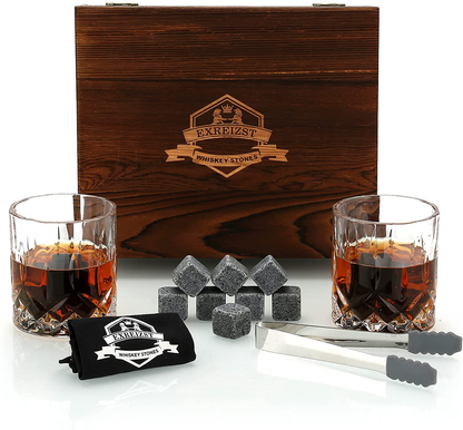Skørter | Whisky Stones Gift Set - Whisky Glass Set with 2 - Granite Chilling Whisky Stones - Scotch Bourbon Whisky Glass Gift Box Set - Best Drink Gifts for Men Dad Man Birthday Party Holiday Gift