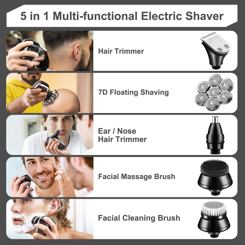 Skorter | 5 in 1 Electric Razor 7D Rechargeable Head Shaver Grooming Kit with LED Display