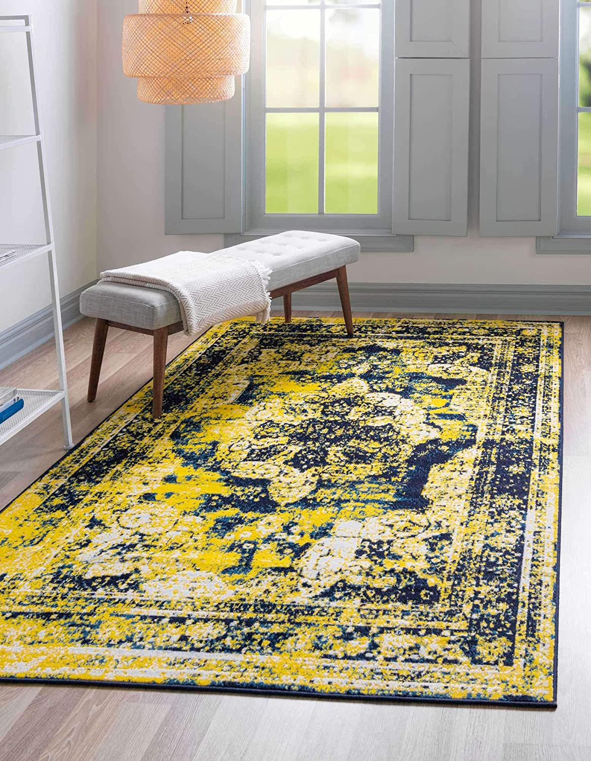 Skørter | Unique Loom Sofia Collection Area Traditional Vintage Rug, French Inspired Perfect for All Home Decor, 5' 0 x 8' 0 Rectangular, Navy/Yellow