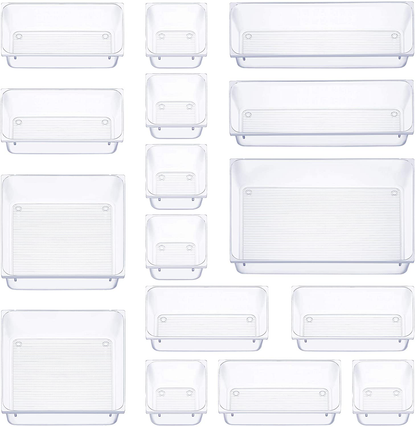 Skorter | 16 Pcs Drawer Organizer Set Dresser Desk Drawer Dividers - 5 Size Bathroom Mirror Cosmetic Makeup Tray - Multi-purpose Clear Plastic Storage Boxes for Jewelry, Kitchen Utensils and Office Supplies