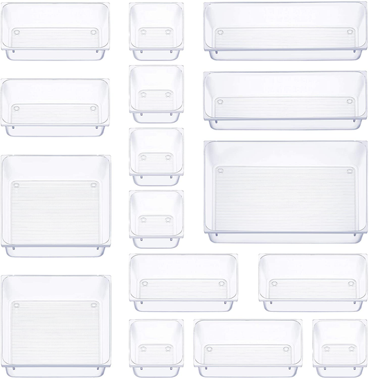 Skorter | 16 Pcs Drawer Organizer Set Dresser Desk Drawer Dividers - 5 Size Bathroom Mirror Cosmetic Makeup Tray - Multi-purpose Clear Plastic Storage Boxes for Jewelry, Kitchen Utensils and Office Supplies