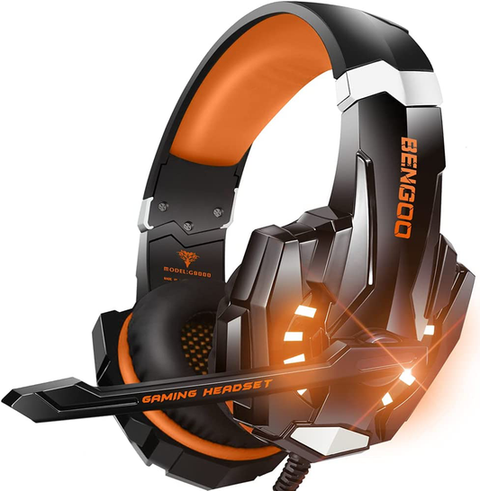 Skorter | Bengoo G9000 Stereo Gaming Headset For Ps4, Pc, Xbox One Controller, Noise-Canceling Over-Ear Headphones With Microphone, Led Lights, Bass Surround, Soft Memory Ear Pads (Orange)
