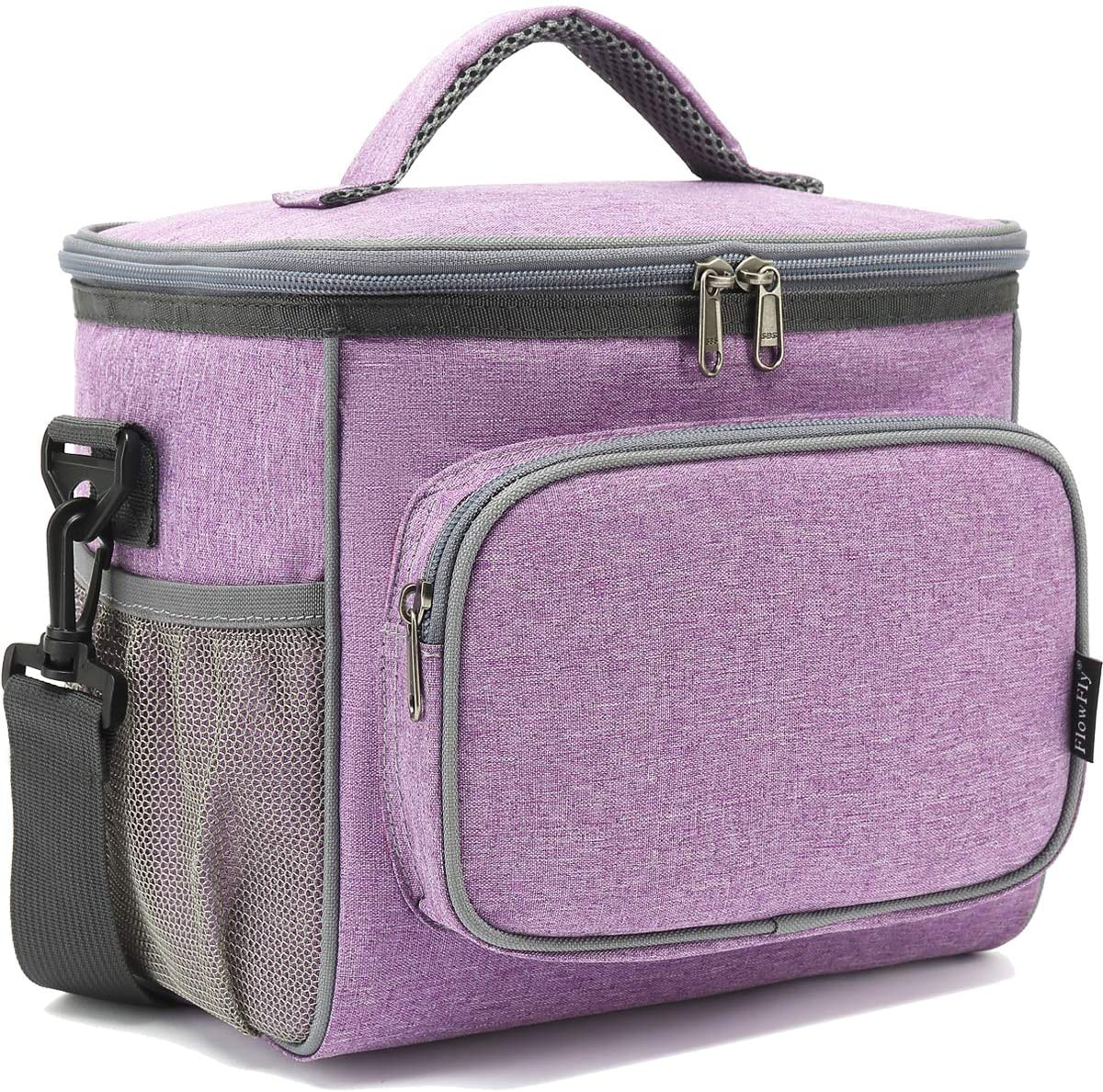 Skorter | Flowfly Insulated Reusable Lunch Box Adult Large Lunch Box For Women And Men With Adjustable Shoulder Strap Front Zipper Pocket And Double Large Side Mesh Pockets, Purple