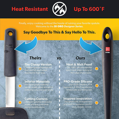 Skørter | DI ORO Seamless Series 3-Piece Silicone Spoon Set - 600°F Heat Resistant Non Stick Rubber Kitchen Spatula for Cooking, Baking, and Mixing – BPA Free and LFGB Certified Silicone (Black)