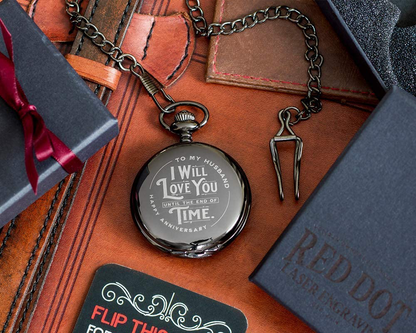 Skorter | Engraved Wedding Anniversary Pocket Watch with Chain for Husband, a Sleek Gift Set for Him with Elegant Gift Box, 1 Year Wedding Anniversary Clock