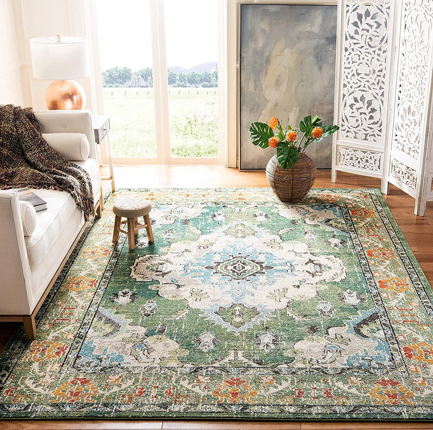Skørter | Safavieh Monaco Collection MNC243G Boho Chic Medallion Distressed Non-Shedding Stain Resistant Living Room Bedroom Area Rug, 3' x 3' Square, Gray / Light Blue