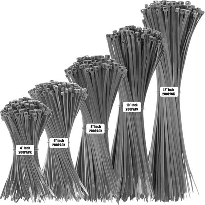 Skorter | 1000 PCS Self-Binding Heavy Duty Cable Zip Ties - 4+6+8+10+12 Inches