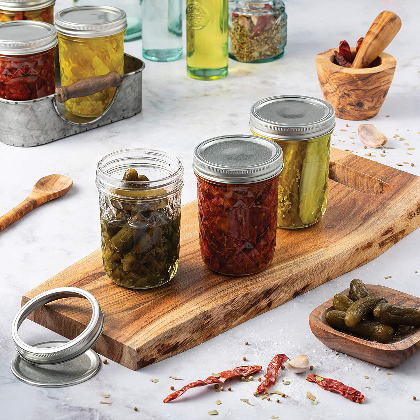 Skorter | Checked Wide Mouth Glass Mason Jars - 16-Ounce (6-Pack) Canning Jars with Lids and Bands, Table Markers, for Canning, Preservation, Pickling, Meal Prep, Jam, Jelly, Overnight Oats, Dishwasher Safe