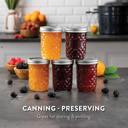 Skorter | Checked Wide Mouth Glass Mason Jars - 16-Ounce (6-Pack) Canning Jars with Lids and Bands, Table Markers, for Canning, Preservation, Pickling, Meal Prep, Jam, Jelly, Overnight Oats, Dishwasher Safe