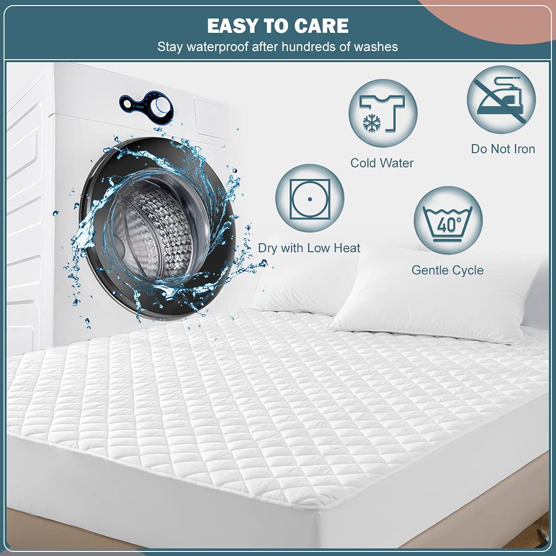Skorter | Unilibra 100% waterproof quilted mattress protector Cal King size, 6''-25'' deep pocket mattress protector cover, breathable, hollow cotton alternative filled mattress topper