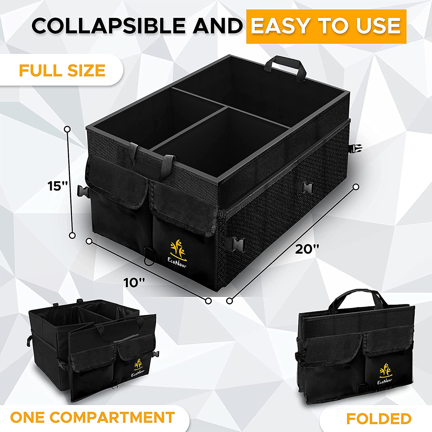 Skorter | Econour Trunk Organizer with Removable Dividers | Straight and Durable Trunk Organizer and Storage for SUVs with Straps | Collapsible Car Consoles & Organizers with Non-Slip Bottom & Multiple Lid Pockets