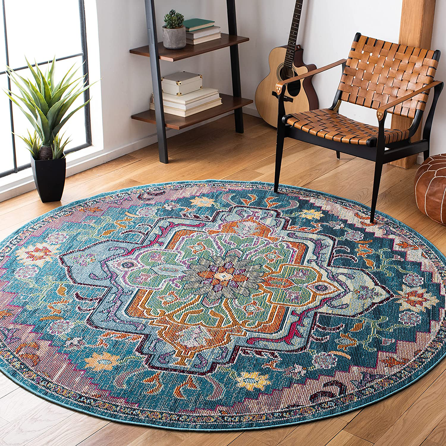 Skørter | Safavieh Crystal Collection CRS501B Boho Chic Oriental Medallion Distressed Non-Shedding Stain Resistance Living Room Bedroom Area Rug, 4' x 4' Square, Light Blue / Fuchsia