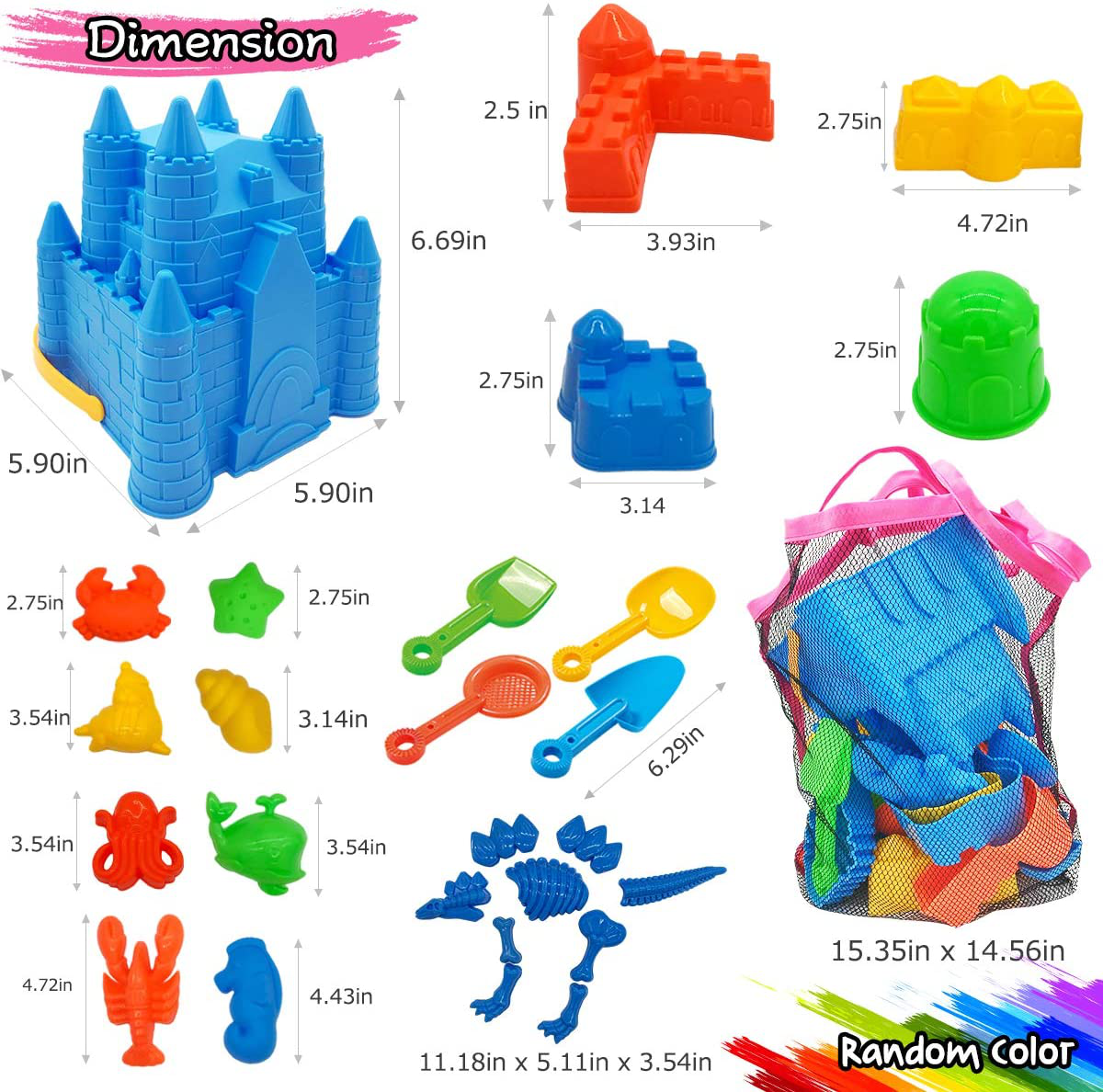 Skørter | Children's Beach Sand Toy Set, 27 pcs Beach Toy Castle Molds Sand Molds, Beach Bucket, Beach Spade Tool Kit, Sandbox Toys for Toddlers, for Toddlers Outdoor Indoor Play Gift 1 Bonus Net Bag Included