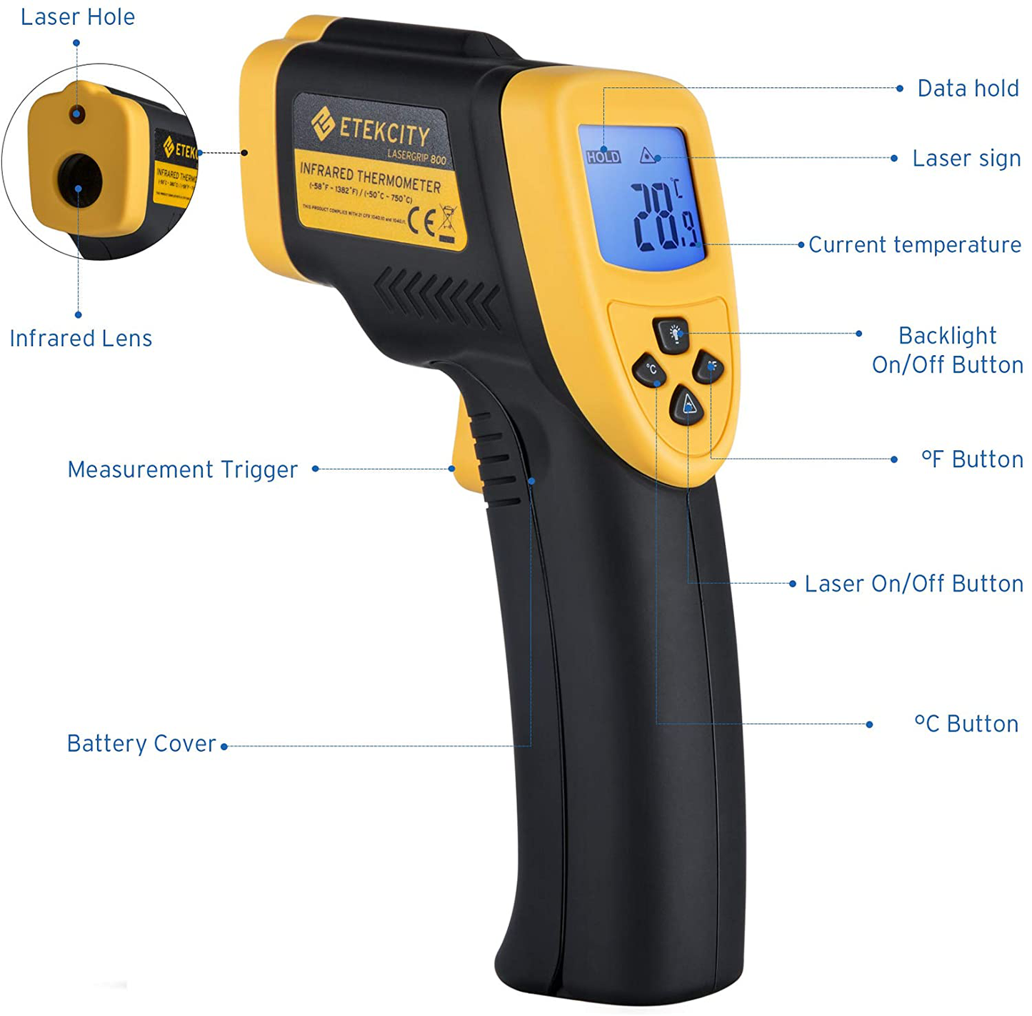 Skorter | Etekcity Infrared Thermometer 800 (Not for humans) Non-Contact Digital Temperature Gun, 16:1 DTS Ratio, 58℉ to 1382℉ (-50℃ to 750℃), Yellow and Black