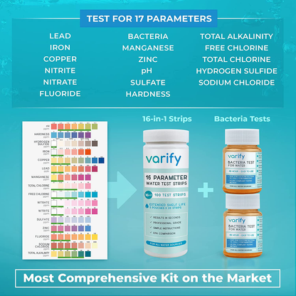 Skorter | 17 in 1 Premium Drinking Water Test Kit - 100 Strips + 2 Bacteria Tests - Home Water Quality Test - Brown Water and Tap Water - Easy Testing for Lead, Bacteria, Hardness, Fluoride, pH, Iron, Copper and more!