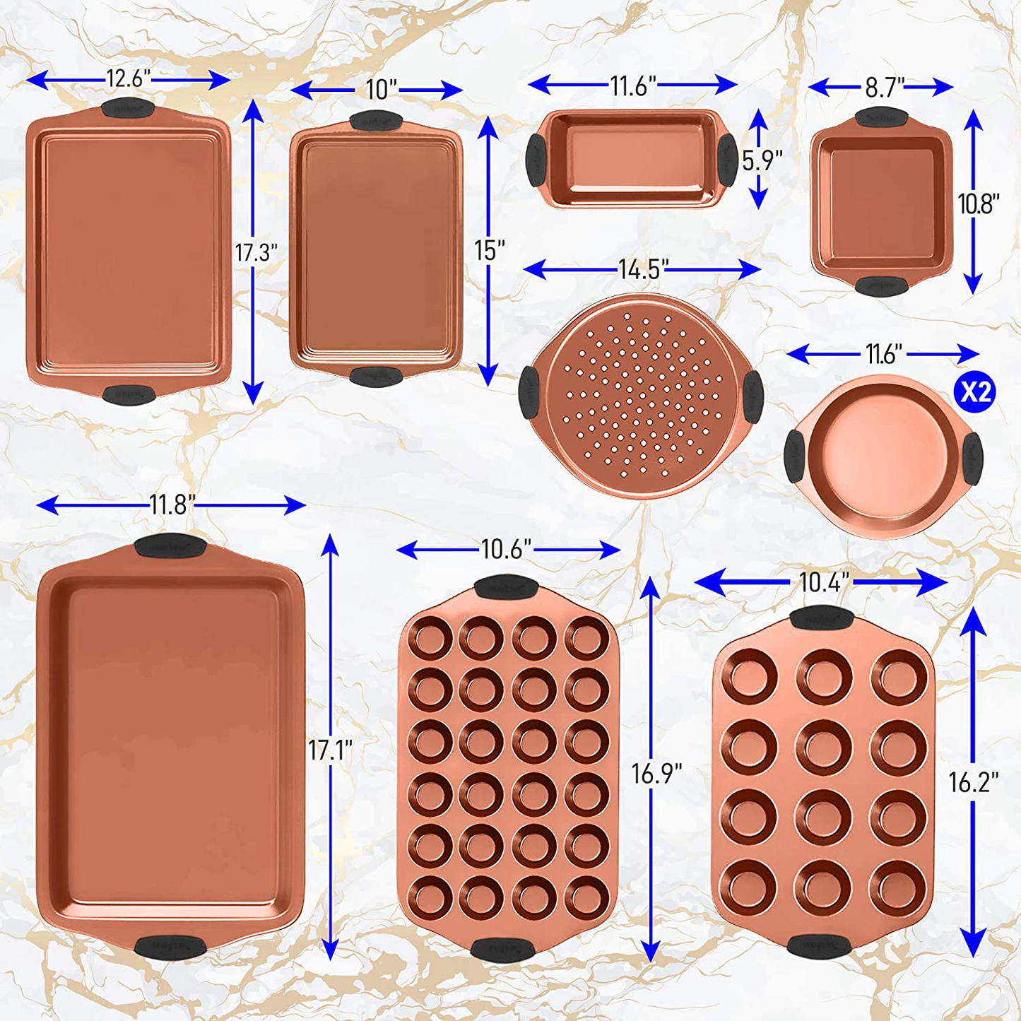 Skorter | 10-piece kitchen oven baking trays - Deluxe carbon steel baking equipment set with stylish non-stick gray coating inside and outside, dishwasher safe & Pfoa, Pfos, Ptfe free - Nutrichef