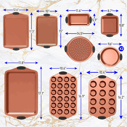 Skorter | 10-piece kitchen oven baking trays - Deluxe carbon steel baking equipment set with stylish non-stick gray coating inside and outside, dishwasher safe & Pfoa, Pfos, Ptfe free - Nutrichef