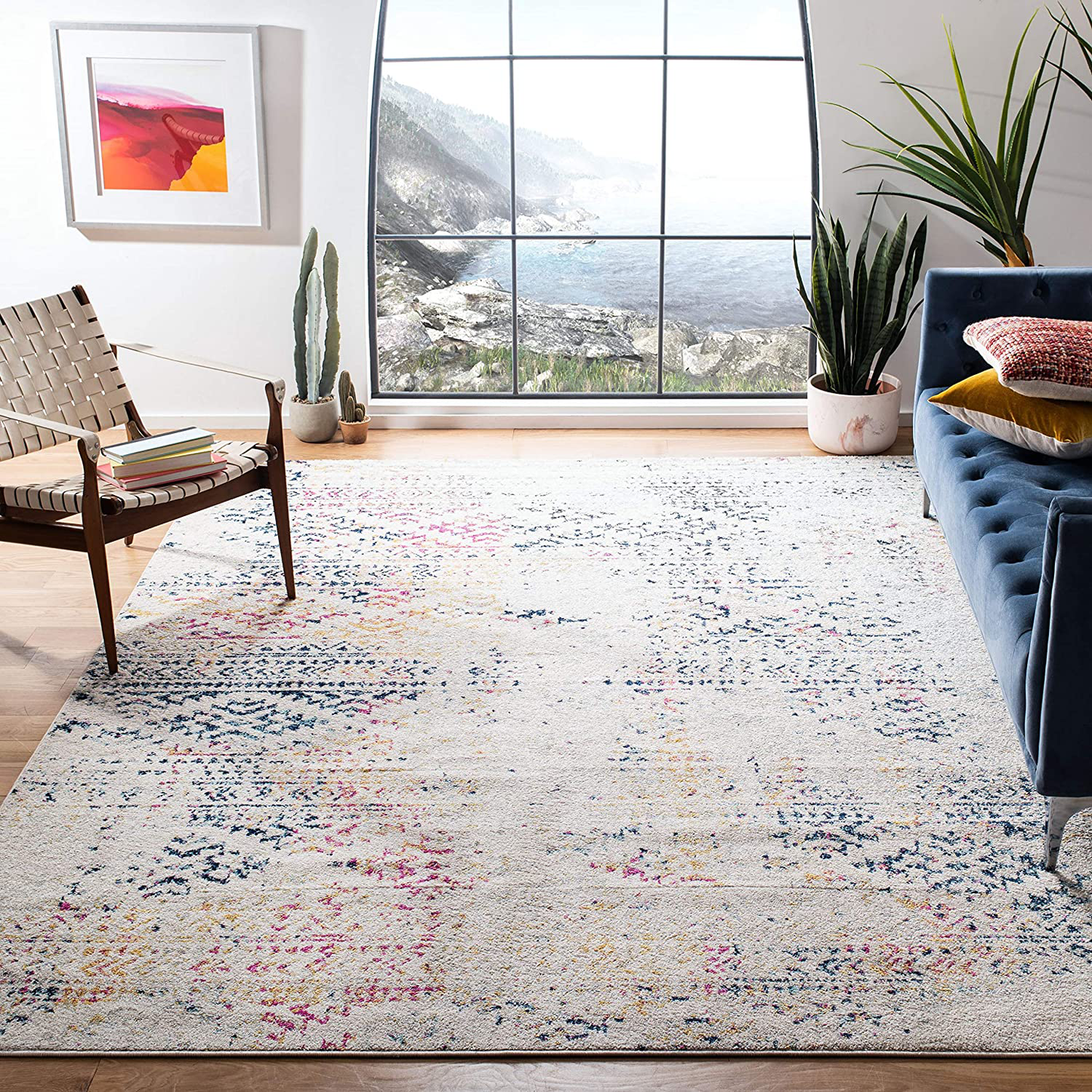 Skørter | Safavieh Tulum Collection TUL272C Moroccan Boho Tribal Non-Shedding Living Room Bedroom Area Rug, 5' x 5' Square, Ivory / Blue