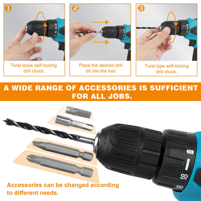 Skorter | 12V Wireless Drill with 42 Accessories with 3/8" Tool-less Chuck, 2 Speeds, 18+1 Positions, Built-in LED
