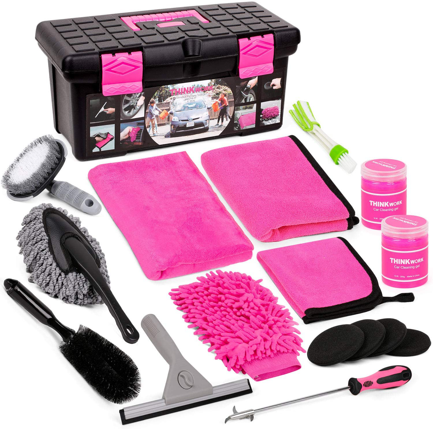 Skørter | Car Wash Kit, Pink Car Cleaning Kit Interior and Exterior, Car Accessories for Women - Cleaning Gel, Microfiber Cleaning Cloth, Car Wash Mitt, Duster, Squeegee, Microfiber Wax Applicator (17 pieces)