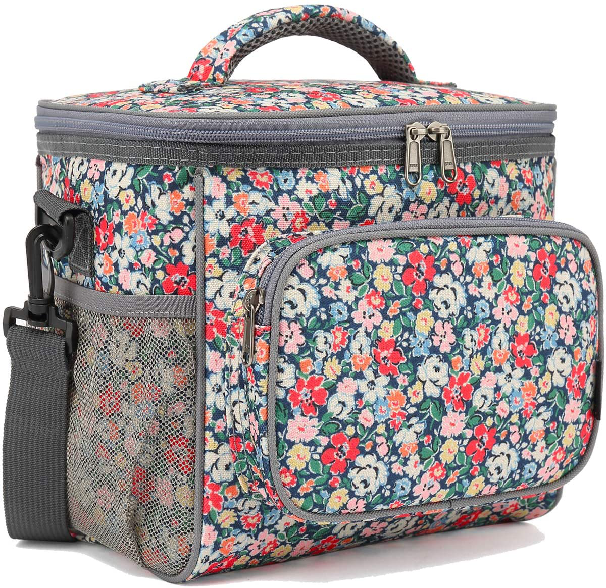 Skorter | Flowfly Insulated Reusable Lunch Box Adult Large Lunch Box For Women And Men With Adjustable Shoulder Strap Front Pocket With Zipper And Two Large Mesh Pockets On The Side, Flowers