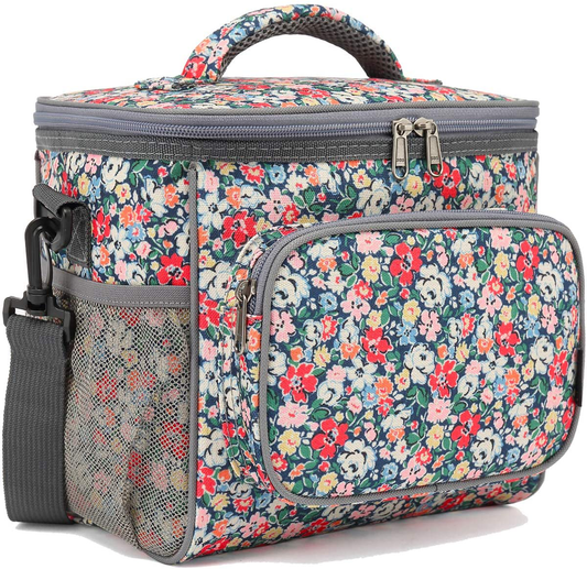 Skorter | Flowfly Insulated Reusable Lunch Box Adult Large Lunch Box For Women And Men With Adjustable Shoulder Strap Front Pocket With Zipper And Two Large Mesh Pockets On The Side, Flowers