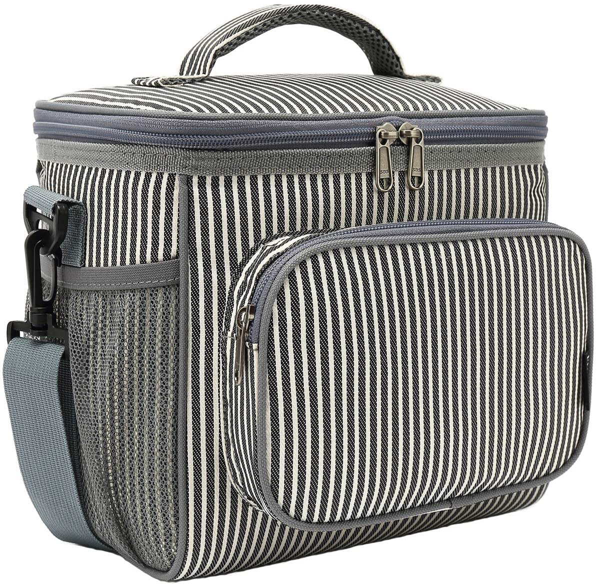 Skorter | Flowfly Insulated Reusable Lunch Box Adult Large Lunch Box For Women And Men With Adjustable Shoulder Strap Front Zipper Pocket And Double Large Mesh Pockets, White And Black Stripe