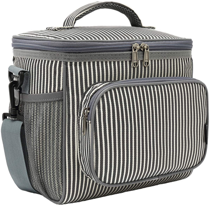 Skorter | Flowfly Insulated Reusable Lunch Box Adult Large Lunch Box For Women And Men With Adjustable Shoulder Strap Front Zipper Pocket And Double Large Mesh Pockets, White And Black Stripe