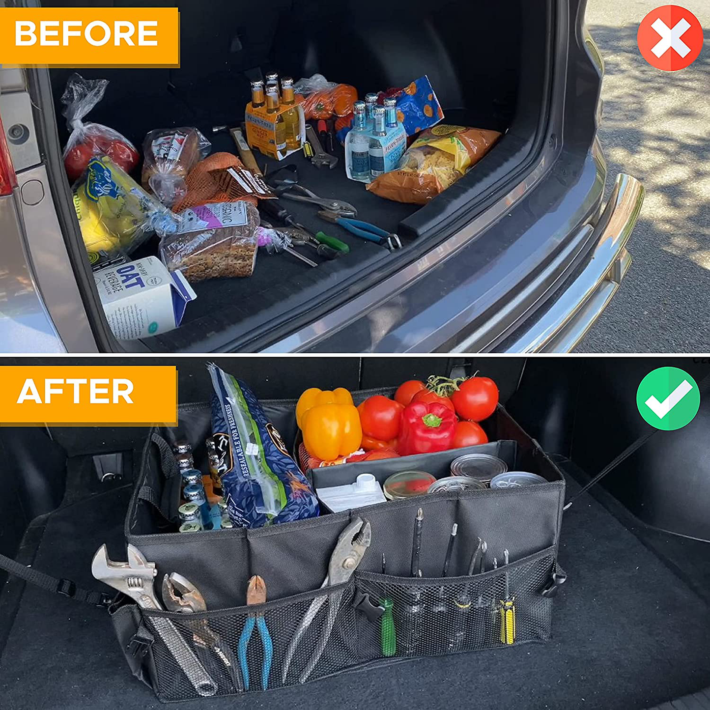 Skorter | Econour Trunk Organizer with Removable Dividers | Straight and Durable Trunk Organizer and Storage for SUVs with Straps | Collapsible Car Consoles & Organizers with Non-Slip Bottom & Multiple Lid Pockets