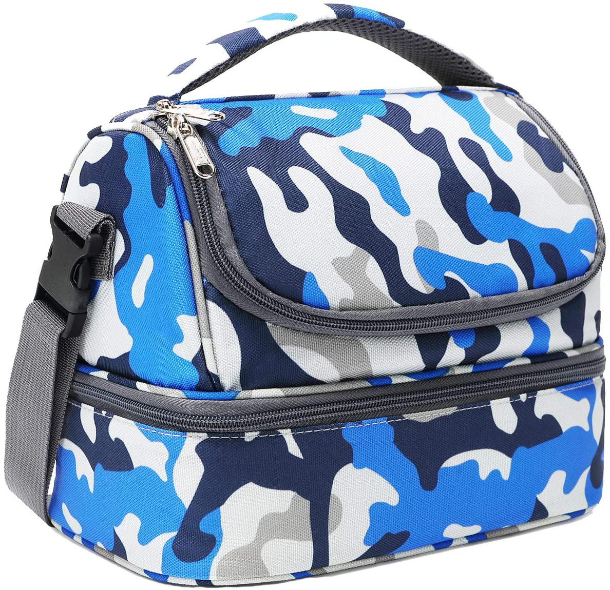 Skorter | Flowfly Kids Lunchbox Double Layer Insulated Lunch Bag Large Tote For Boys, Girls, Men, Women, With Adjustable Strap, Blue Camouflage