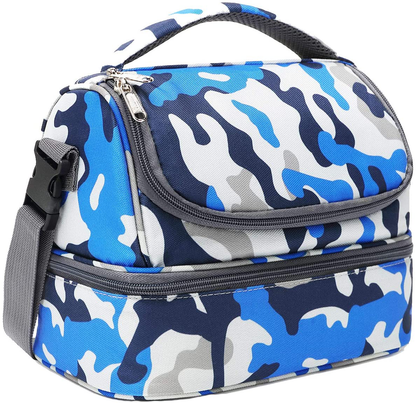 Skorter | Flowfly Kids Lunchbox Double Layer Insulated Lunch Bag Large Tote For Boys, Girls, Men, Women, With Adjustable Strap, Blue Camouflage