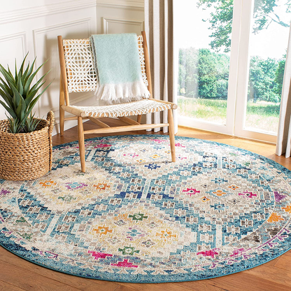 Skørter | Safavieh Madison Collection MAD418N Boho Diamond Distressed Non-Shedding Dining Room Entrance Hall Living Room Bedroom Area Rug, 5' x 5' Round, Dark Blue / Yellow