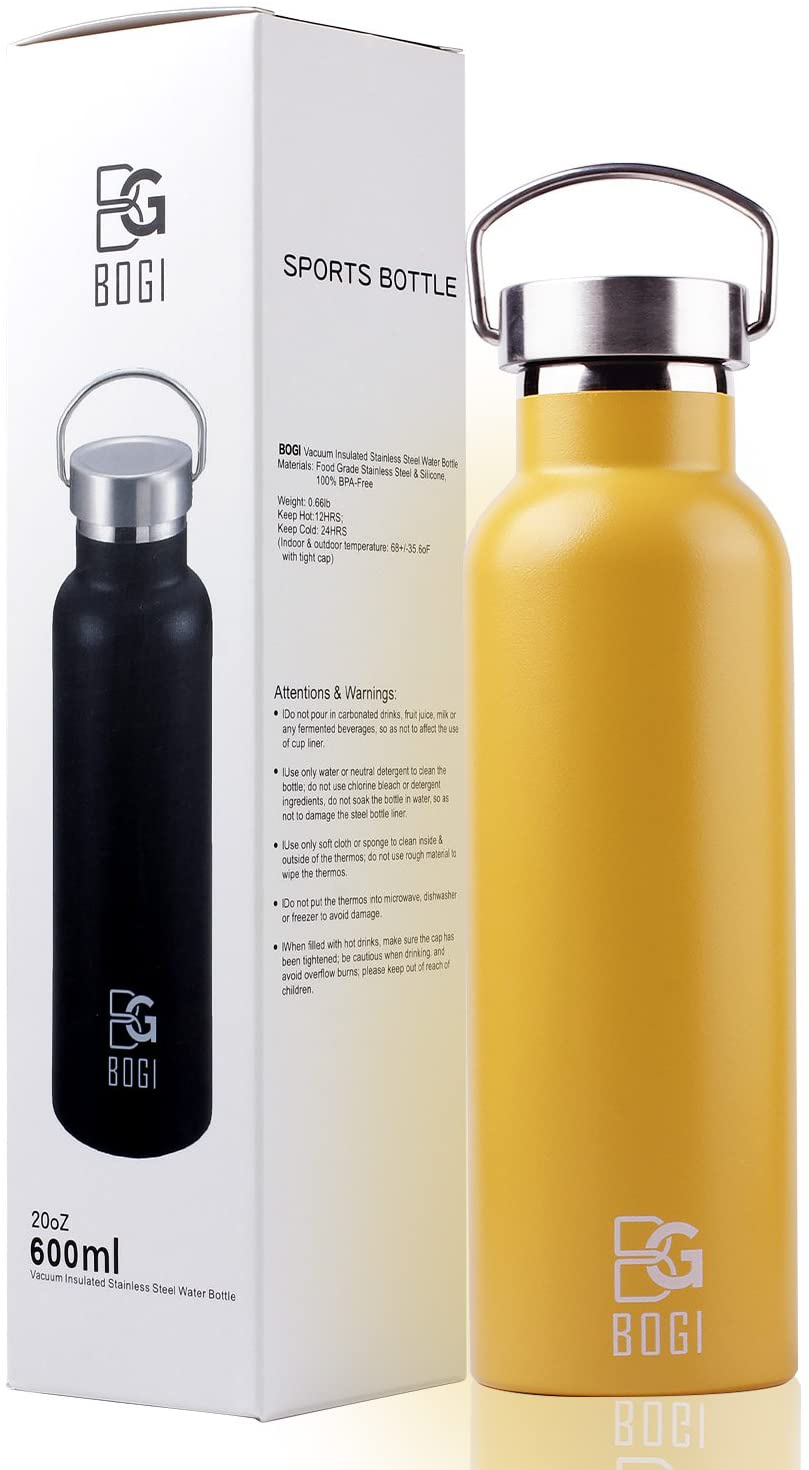 Skorter | BOGI 20oz Double-walled vacuum insulated stainless steel water bottle - Scratch resistant & eco-friendly for outdoor sports yoga camping + straw flip-cap, 2 straws & cleaning brush