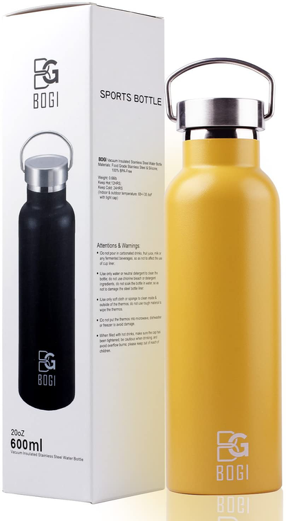 Skorter | BOGI 20oz Double-walled vacuum insulated stainless steel water bottle - Scratch resistant & eco-friendly for outdoor sports yoga camping + straw flip-cap, 2 straws & cleaning brush