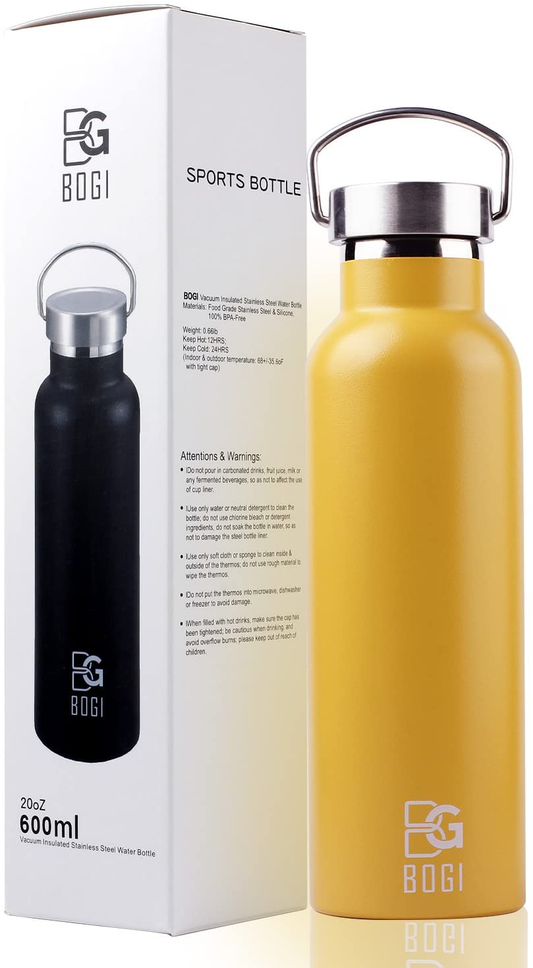 Skorter | BOGI 20oz Double-walled vacuum insulated stainless steel water bottle - Scratch resistant & eco-friendly for outdoor sports yoga camping + straw flip-cap, 2 straws & cleaning brush