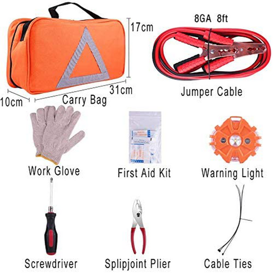 Skorter | Emergency Roadside Assistance Safety Kit - First Aid Kit, Jumper Cables, LED Warning Light, Work Gloves, Tools and More