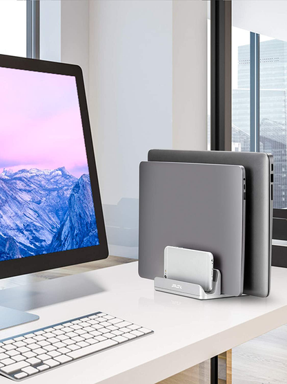 Skorter | Jarlink Adjustable Vertical Laptop Stand, Desk Stand Adjustable Laptop Holder With 2 Slots (Up To 17.3 Inches), Compatible With All Macbook Pro/Air/Microsoft Surface, Newly Developed, (Silver)