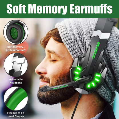Skorter | Bengoo G9000 Stereo Gaming Headset For Ps4 Pc Xbox One Ps5 Controller, Noise-Canceling Over-Ear Headphones With Microphone, LED Light, Bass Surround, Soft Memory Ear Cushions For Laptop Mac - Green
