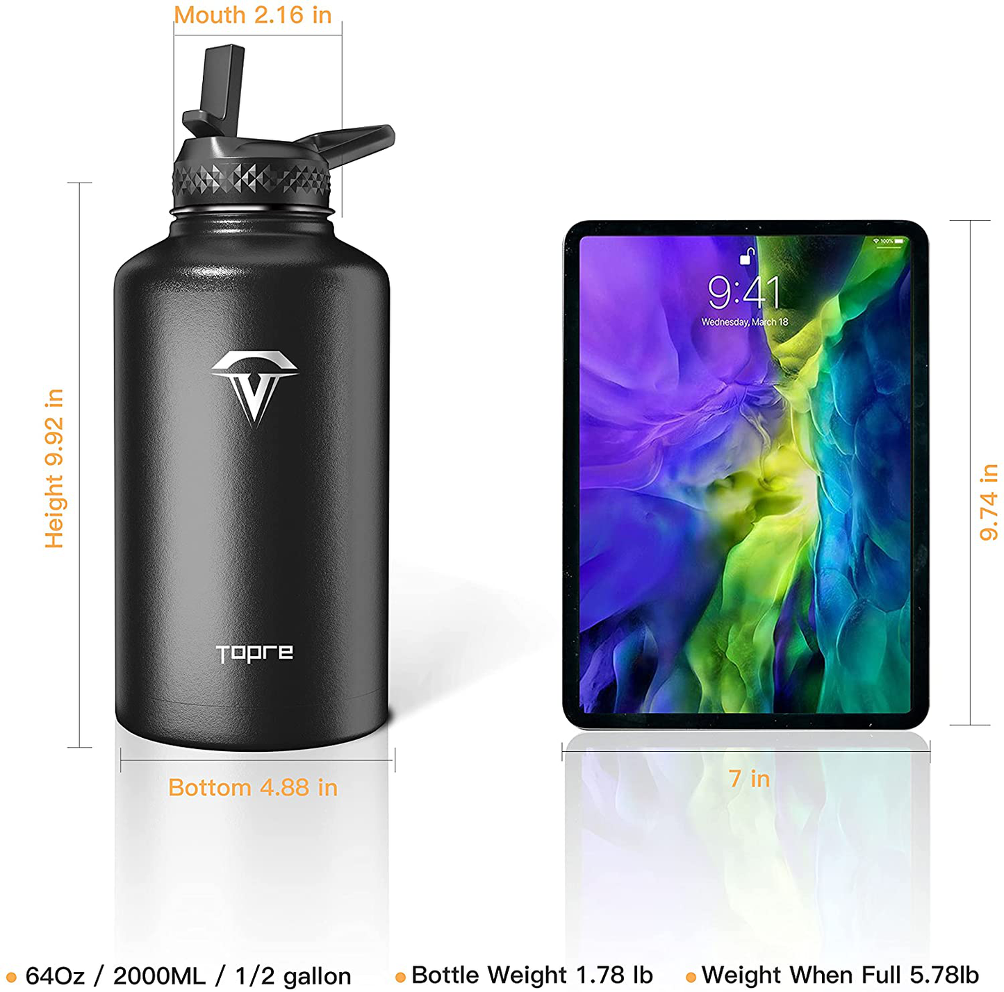 Skorter | 64 oz Insulated Water Bottle, Top Half Gallon Vacuum Stainless Steel Sports Water Jug with 3 Lids & Brushes, BPA-free Reusable Triple-Walled Thermos Jug for Sports Outdoor Camping, Black