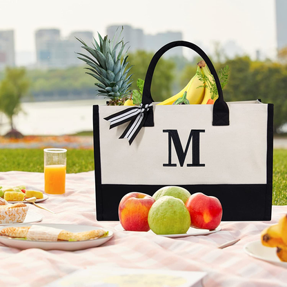 Skorter | Personal Initial Canvas Beach Bag, Monogram Gift Tote Bag for Women