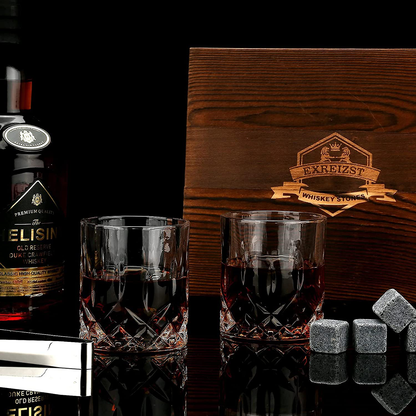 Skørter | Whisky Stones Gift Set - Whisky Glass Set with 2 - Granite Chilling Whisky Stones - Scotch Bourbon Whisky Glass Gift Box Set - Best Drink Gifts for Men Dad Man Birthday Party Holiday Gift