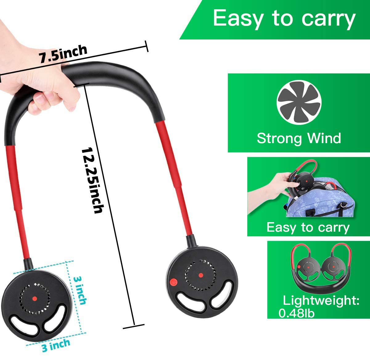 Skørter | Hands-free Portable Neck Fan, Mini USB Bladeless Personal Fan with Neck Hanging Design USB Battery Rechargeable with 3 Speeds Adjustable Airflow, 2 Wind Modes for Travel Outdoor Office Home Sports