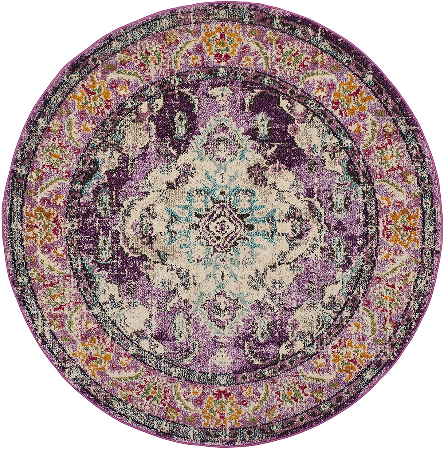 Skørter | Safavieh Monaco Collection MNC243L Boho Chic Medallion Distressed Non-Shedding Stain Resistant Living Room Bedroom Area Rug, 3' x 3' Round, Purple / Light Blue