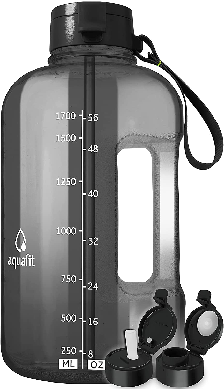 Skorter | AQUAFIT Half Gallon Water Bottle with Straw Half Gallon Water Jug Motivational Water Bottle 64 Ounce Water Bottle with Time Marker Large Water Bottle Large Water Bottle 1/2 Gallon Water Jug Large Water Jug Gray