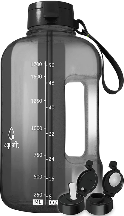 Skorter | AQUAFIT Half Gallon Water Bottle with Straw Half Gallon Water Jug Motivational Water Bottle 64 Ounce Water Bottle with Time Marker Large Water Bottle Large Water Bottle 1/2 Gallon Water Jug Large Water Jug Gray