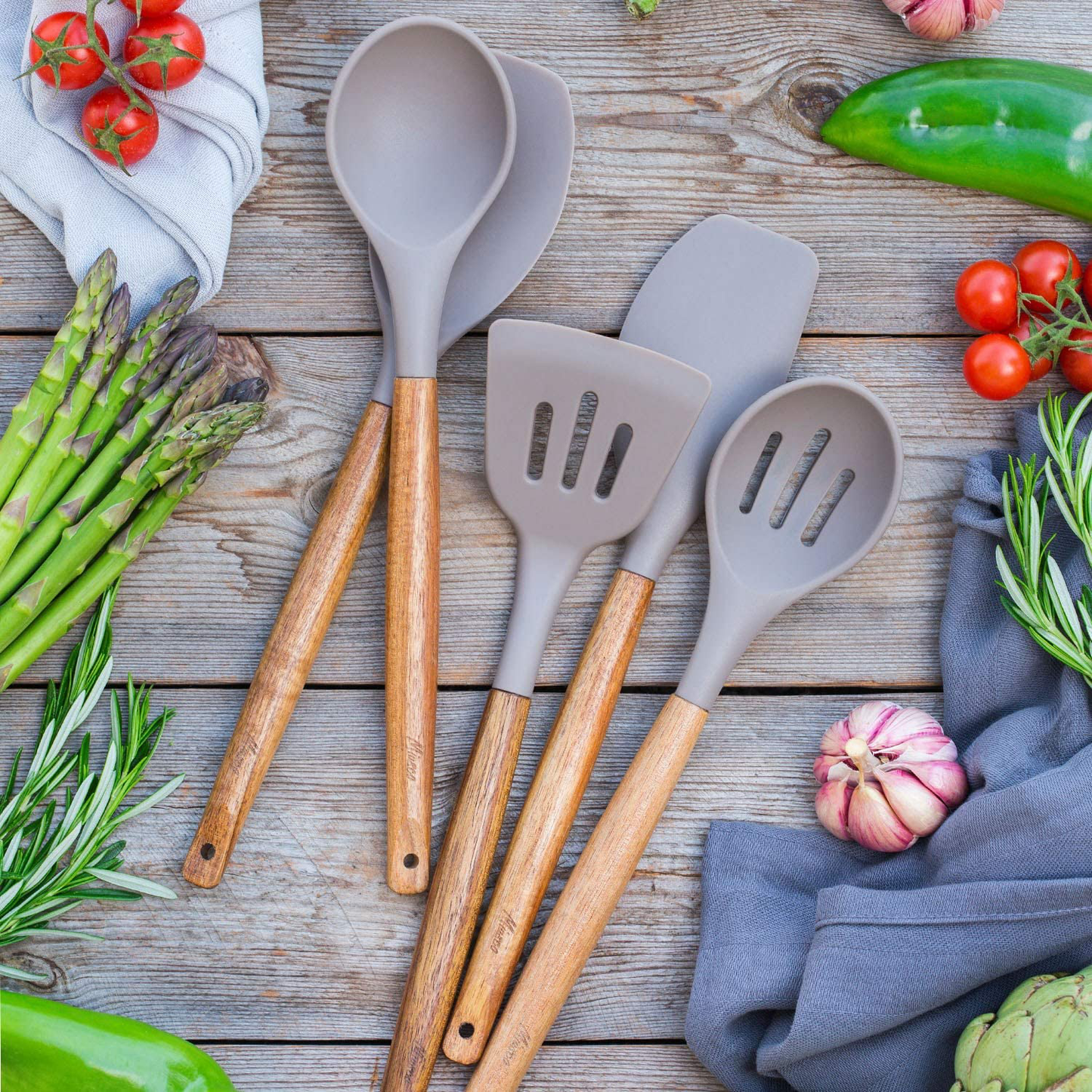 Skørter | Miusco Non-Stick Silicone Kitchen Utensil Set with Natural Acacia Hardwood Handle, 5 Double-Sided, Gray, High Heat Resistant
