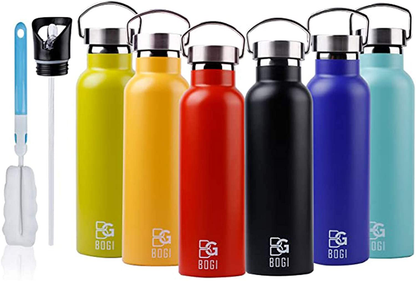 Skorter | BOGI 20oz Double-walled vacuum insulated stainless steel water bottle - Scratch resistant & eco-friendly for outdoor sports yoga camping + straw flip-cap, 2 straws & cleaning brush