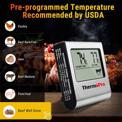 Skorter | ThermoPro TP-16 Large LCD Digital Cooking Meat Smoker Kitchen BBQ Grill Thermometer Clock Timer with Steel Probe